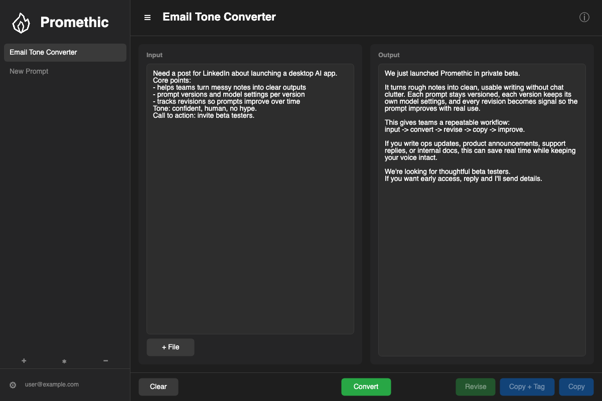 Promethic conversion example from rough notes to polished social post