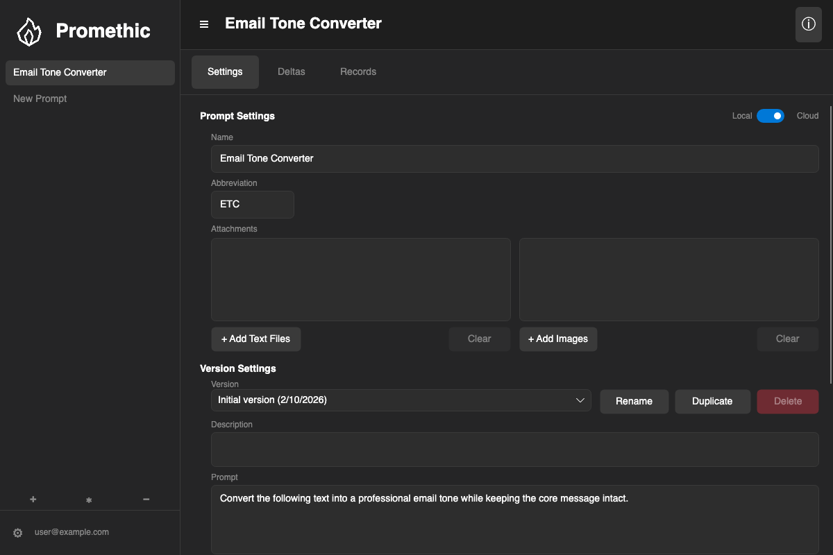 Promethic settings tab showing prompt versions and model settings